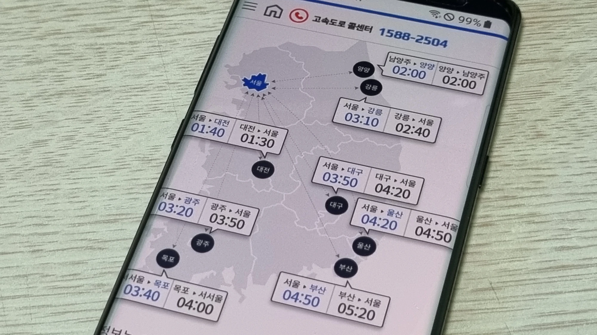 고속도로 예상 소요시간 표시 화면