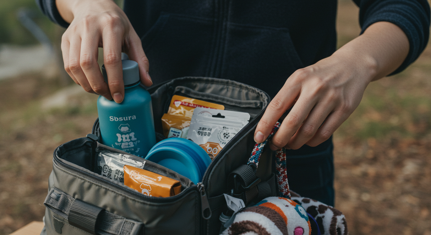 반려견 여행을 위한 필수 준비물을 챙기는 한국인의 손