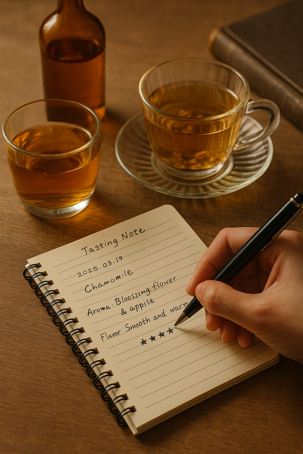 티타임 중 손으로 테이스팅 노트를 작성하는 장면, 카모마일 차 두 잔과 함께 노트에 향과 맛을 기록하고 있는 따뜻한 분위기의 이미지.