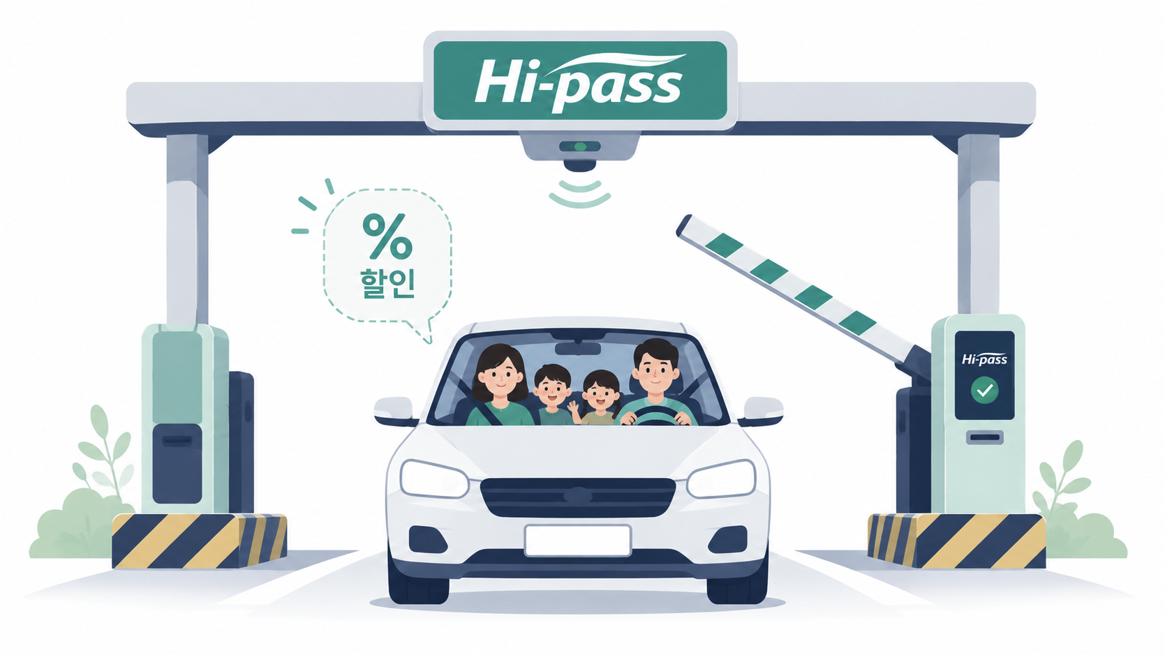 다자녀가구 차량이 하이패스 톨게이트를 통과하며 통행료 할인을 받는 모습을 나타낸 일러스트