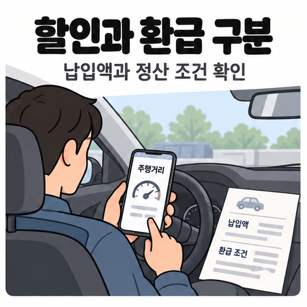 자동차 안에서 남성이 스마트폰의 주행거리 화면을 확인하고 옆에 납입액과 환급 조건 안내지가 놓인 모습
