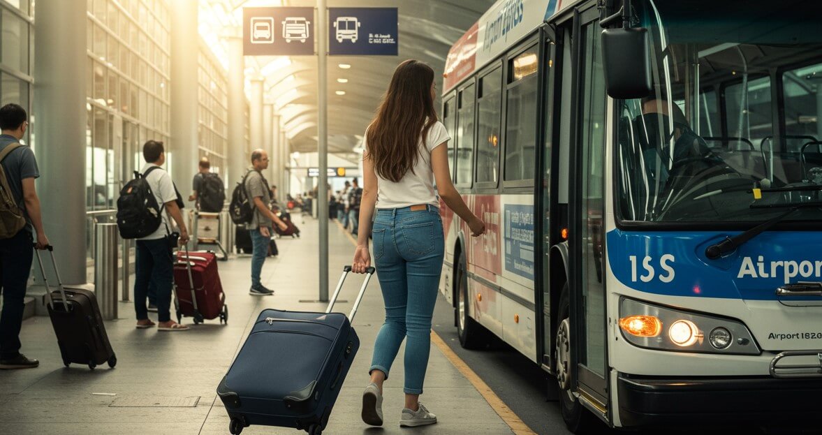 버스타는 여행객, 버스, 공항, 캐리어