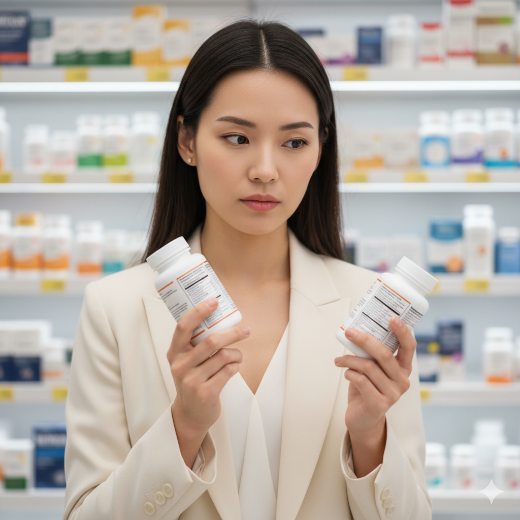 밝은 약국 배경, 지적이며 아름다운 여성 모델이 두 종류의 구강 유산균 제품 라벨을 꼼꼼히 비교하는 모습.