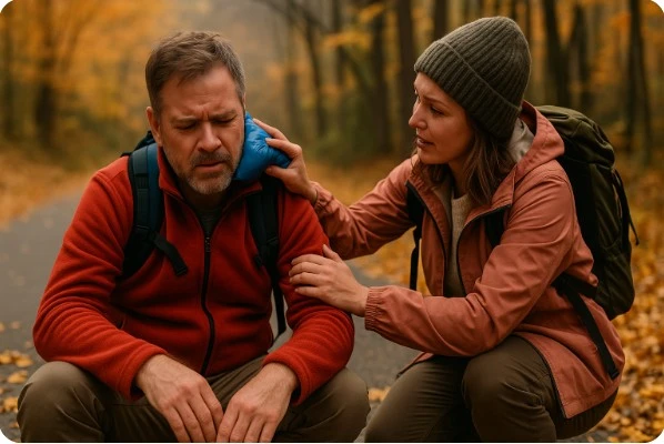 가을 산에서 벌에 쏘인 등산객을 동료가 냉찜질로 응급처치하는 장면