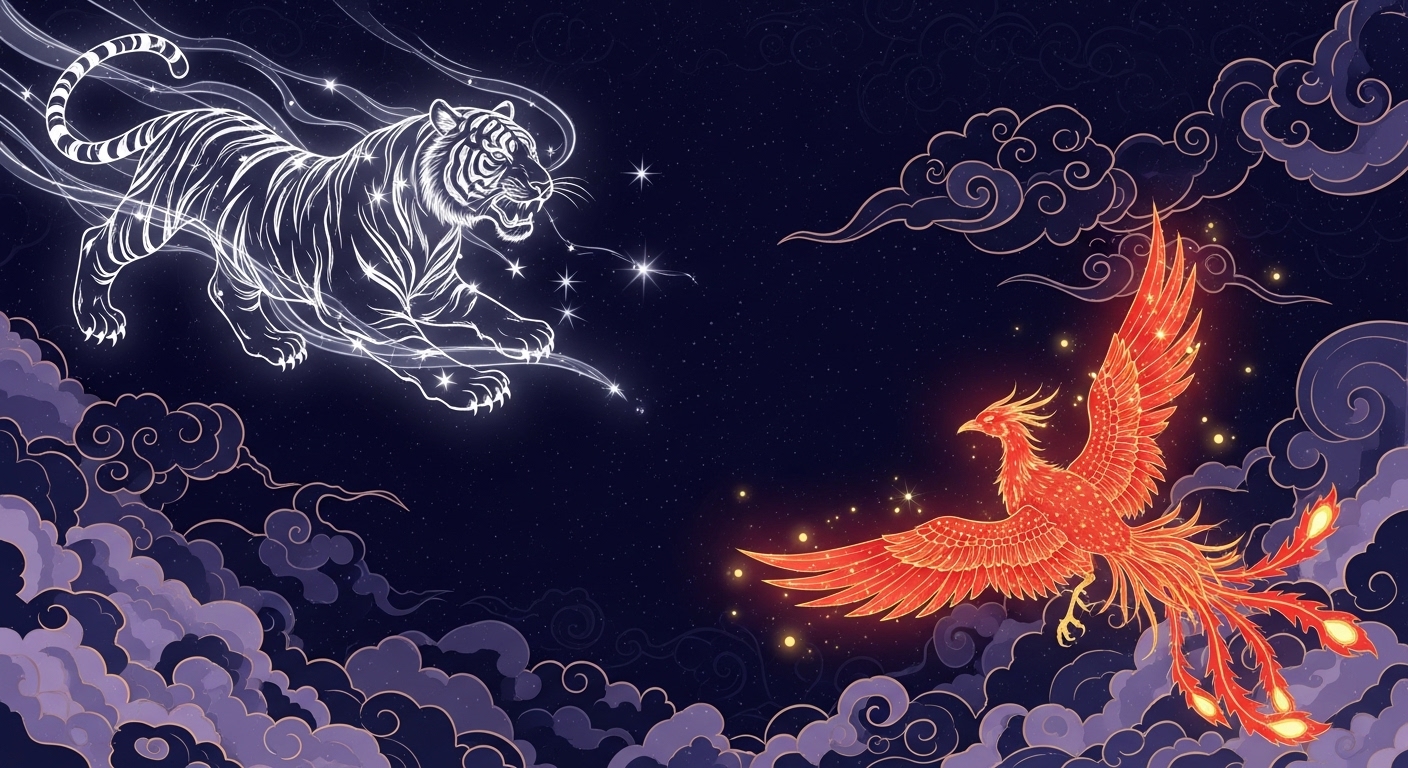 밤하늘을 배경으로, 서쪽에는 용맹한 백호의 형상을 한 별자리가 빛나고, 남쪽에는 붉고 화려한 주작(봉황)의 형상을 한 별자리가 날갯짓하는 신비롭고 동양적인 스타일의 일러스트레이션.