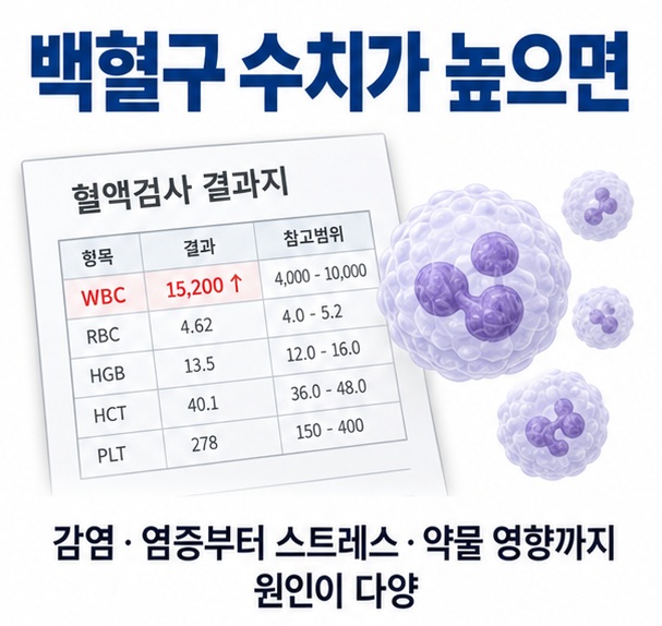 혈액검사 결과지와 백혈구 세포 아이콘을 배경으로 백혈구 수치가 높으면이라는 글자가 중앙에 놓인 건강검진 인포그래픽
