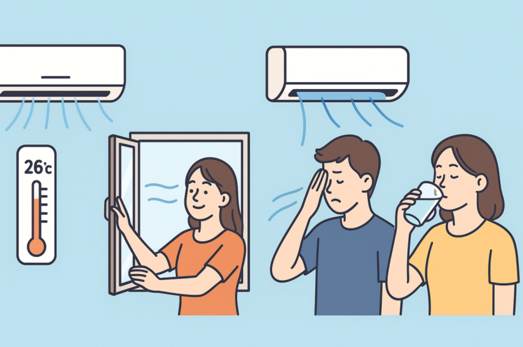 실내외 온도 차이 조절, 창문 환기, 바람 회피, 수분 섭취 등 냉방병 예방을 위한 에어컨 사용 습관을 설명하는 일러스트