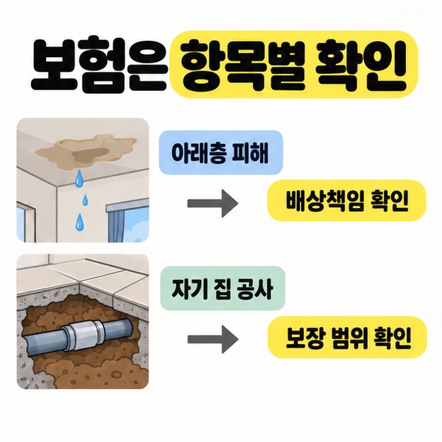 아래층 천장 누수 피해는 배상책임 확인으로, 자기 집 배관 공사는 보장 범위 확인으로 연결해 보험을 항목별로 확인하도록 안내하는 도식