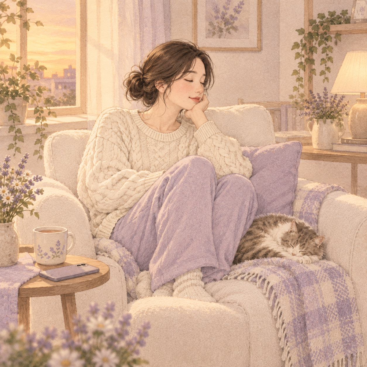 휴대폰을 내려놓고 안락의자에서 쉬는 은서의 일러스트