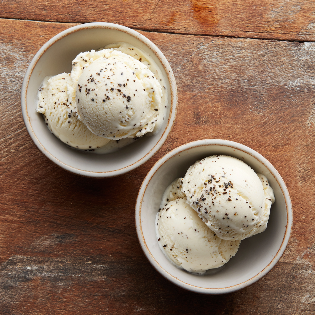 천연 바닐라 아이스크림과 합성 바닐린 아이스크림의 시각적 차이를 보여주는 비교 이미지