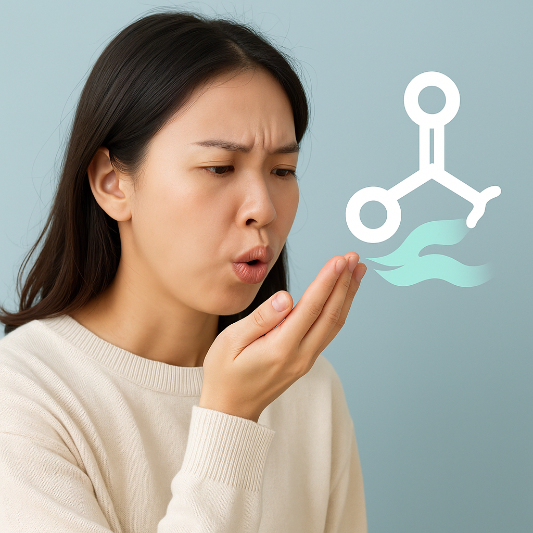 저탄고지 실천 중 입 냄새 문제로 당황한 여성이 입을 가린 채 걱정하는 모습. 배경에는 케톤 브레스 원인을 상징하는 아세톤 분자와 민트잎 아이콘이 함께 표현되어 있다.