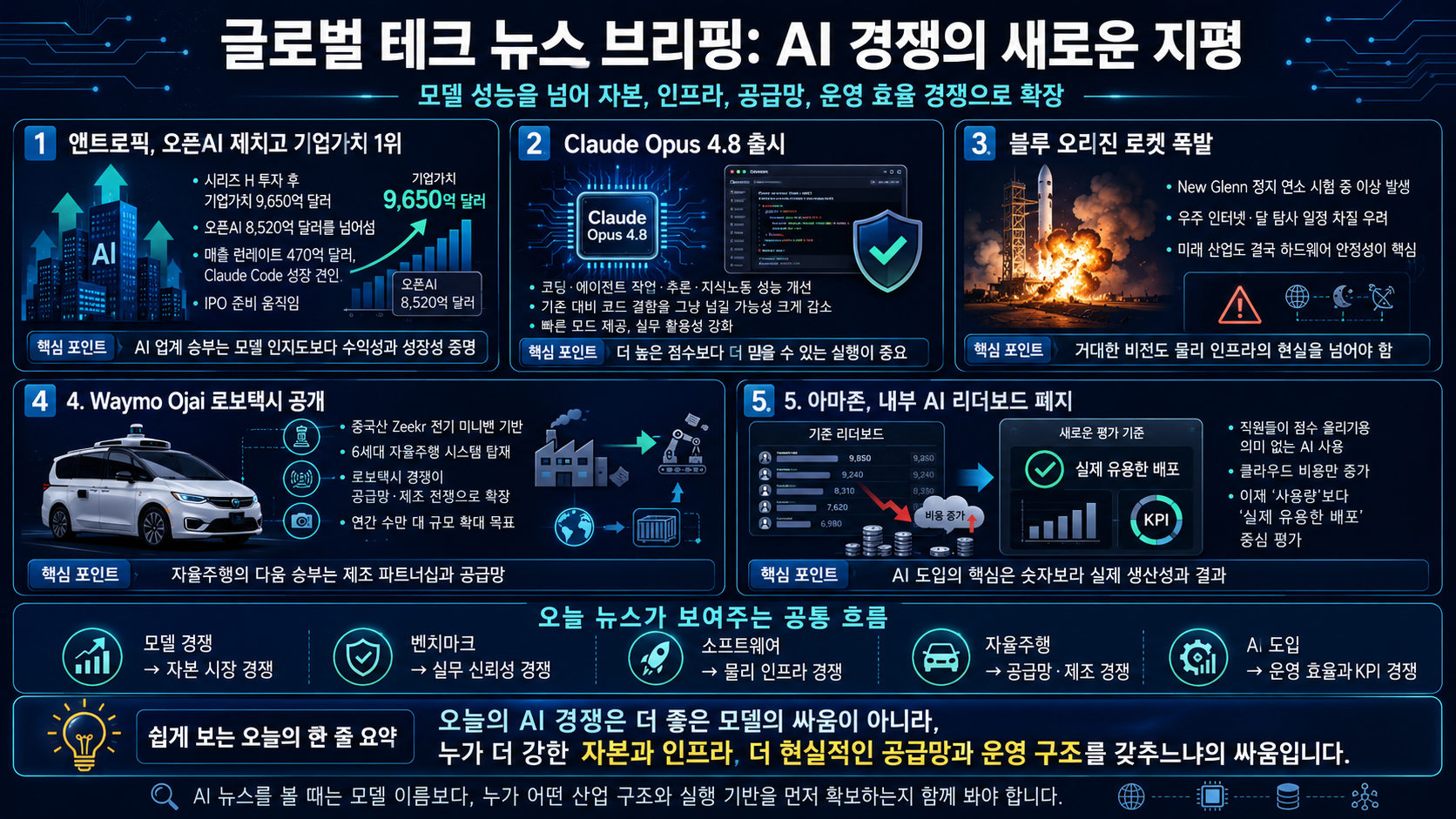앤트로픽이 오픈AI를 제치다, Claude Opus 4.8, 블루 오리진 로켓 폭발, Waymo의 중국산 로보택시, 아마존의 AI 리더보드 폐지