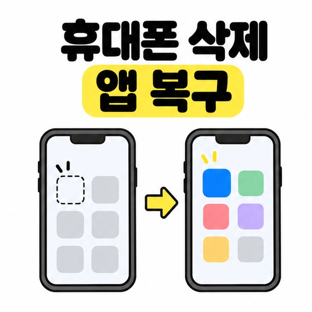 휴대폰 삭제 앱 복구 제목 아래 앱 아이콘이 비어 있는 휴대폰에서 아이콘이 다시 나타난 휴대폰으로 이어지는 그림