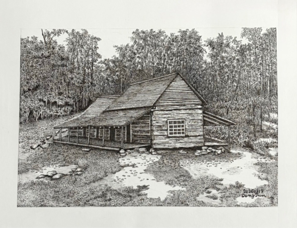 landscape-drawing-tip-1. 0.05mm 펜으로 빽빽하고 촘촘하게 채워 명암을 표현한 오두막과 뒤편 숲속 풍경화 펜 드로잉