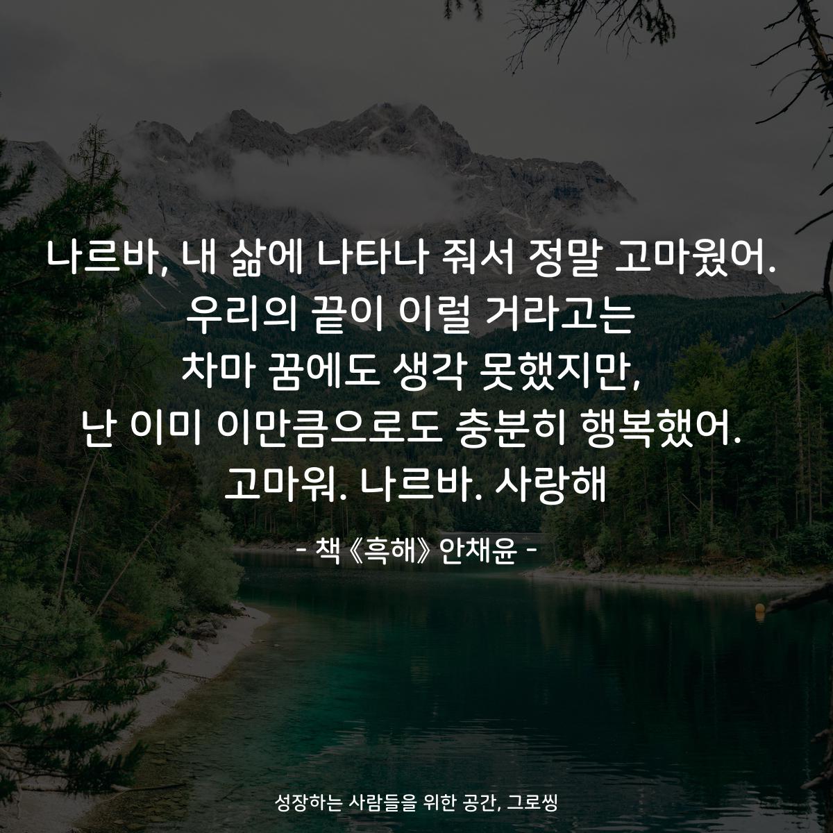 나르바, 내 삶에 나타나 줘서 정말 고마웠어.
우리의 끝이 이럴 거라고는
차마 꿈에도 생각 못했지만,
난 이미 이만큼으로도 충분히 행복했어.
고마워. 나르바. 사랑해