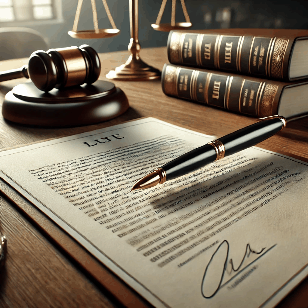 법적 문서와 판사의 망치가 놓인 법정 배경 속에서 법적 권리 이전을 상징하는 이미지