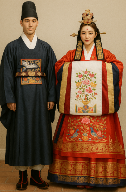 신랑,신부 전통혼례 한복입은 모습 사진
