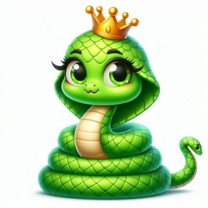 귀여운-여자-초록-뱀이-황금-왕관을-쓰고-미소지소-있는-모습