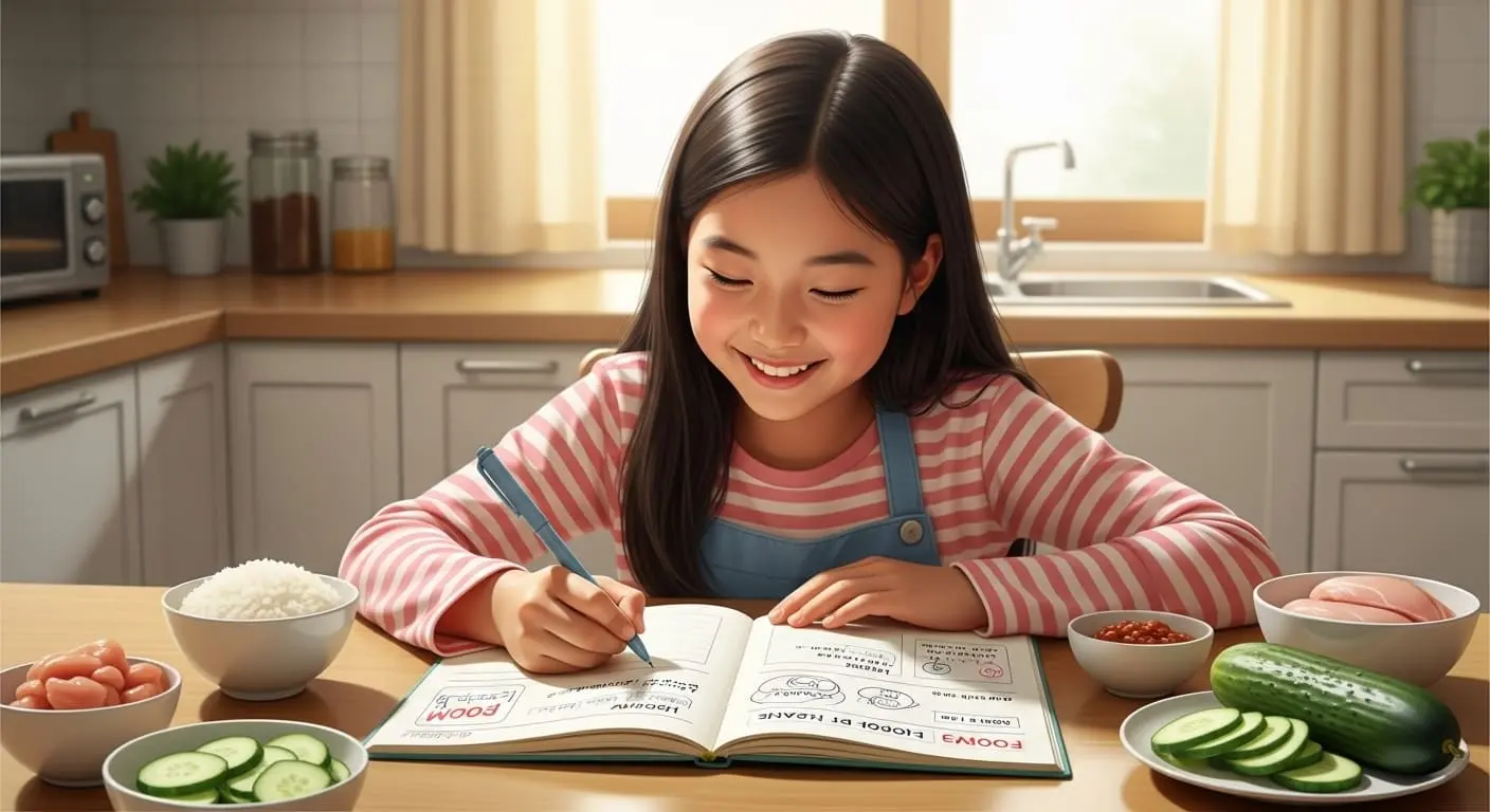 즐겁게 식사 일기를 쓰는 어린 소녀. 저포드맵 식단을 기록하며 자신의 몸을 이해하는 과정을 보여줍니다.