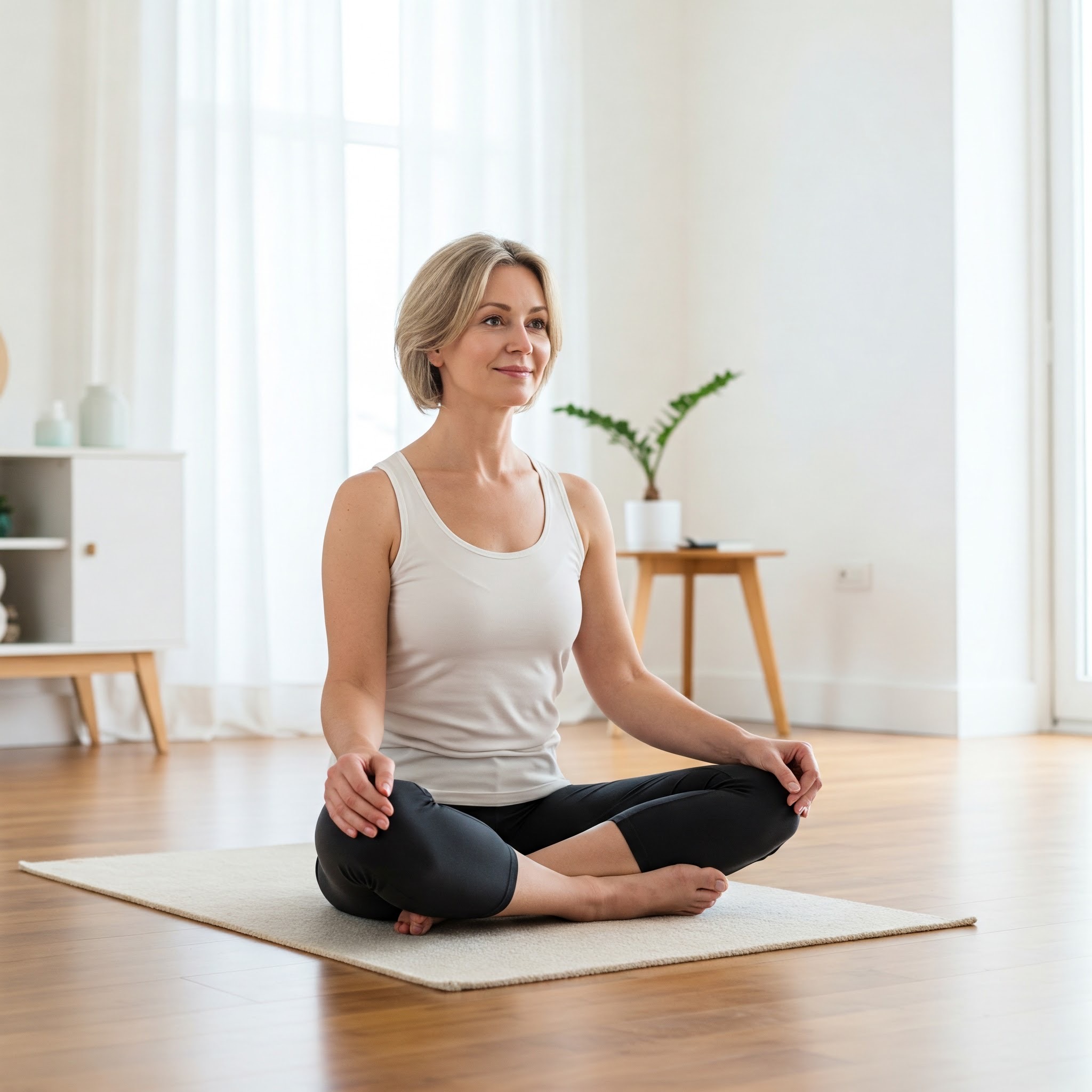 거실에서 운동 하기전의 여성