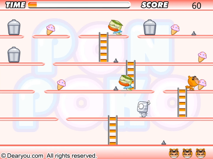 돌아온-너구리-플래시게임-플레이-아이스크림을-먹고-점수를-획득하는-화면