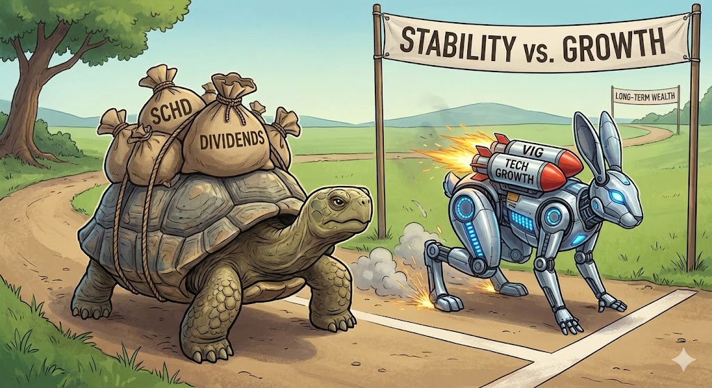 SCHD(거북이/안정)와 VIG(토끼/성장)가 달리기 경주를 하는 일러스트. SCHD는 등껍질에 배당금 주머니를 지고 있고, VIG는 최첨단 로켓(기술주)을 달고 있는 모습