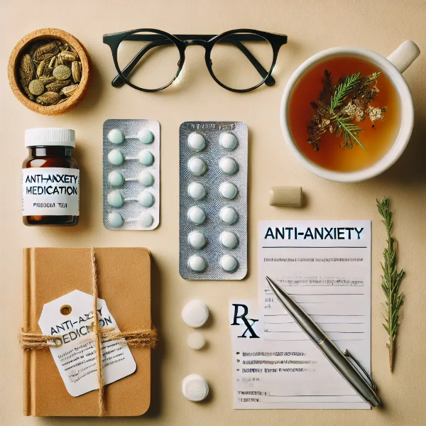 항불안제, 메모장, 허브차 등이 정돈된 불안장애 관련 정물 이미지