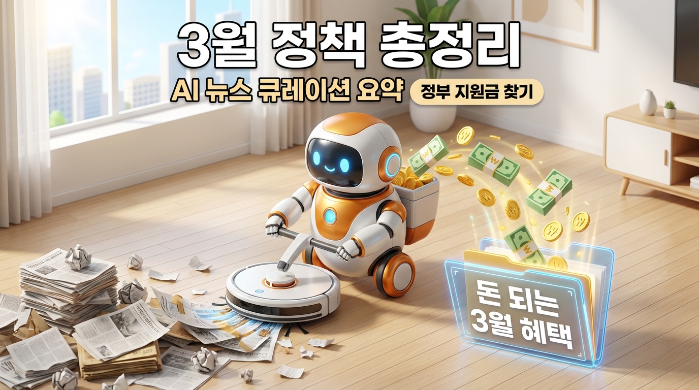 3D 스타일. 산더미처럼 쌓인 신문 기사들을 AI 로봇이 진공청소기로 빨아들이고, 그 반대편에서 금화와 지폐가 깔끔한 봉투에 담겨 나오는 모습.