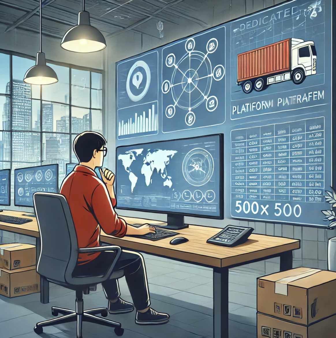 디지털 플랫폼을 통해 물류 관리와 분석 작업을 수행 중인 플랫폼 운영자의 모습.