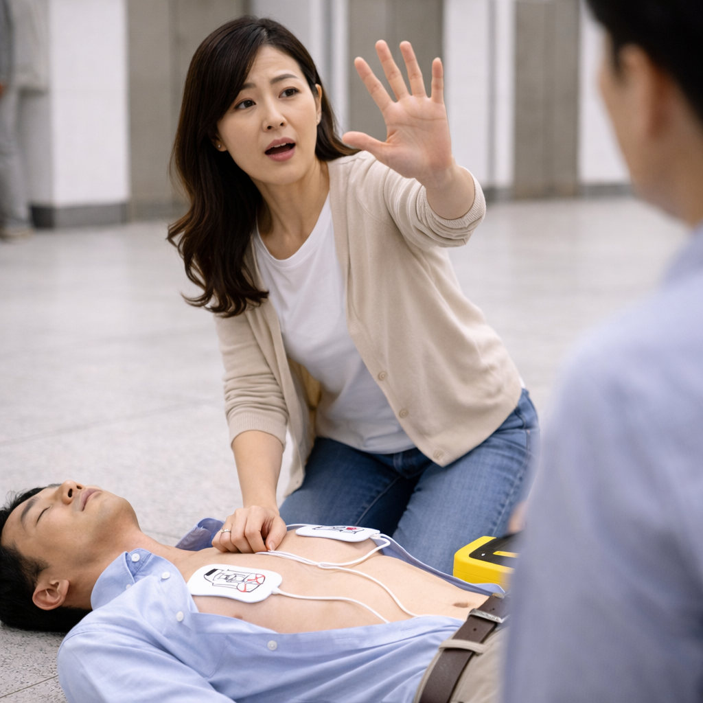 AED 분석 또는 쇼크 전 안전을 위해 주변 이격을 확인하는 장면