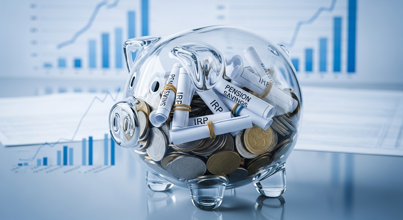IRP와 연금저축 라벨이 붙은 종이와 동전이 담긴 투명한 돼지 저금통. 노후 대비와 절세 혜택을 상징하는 이미지.