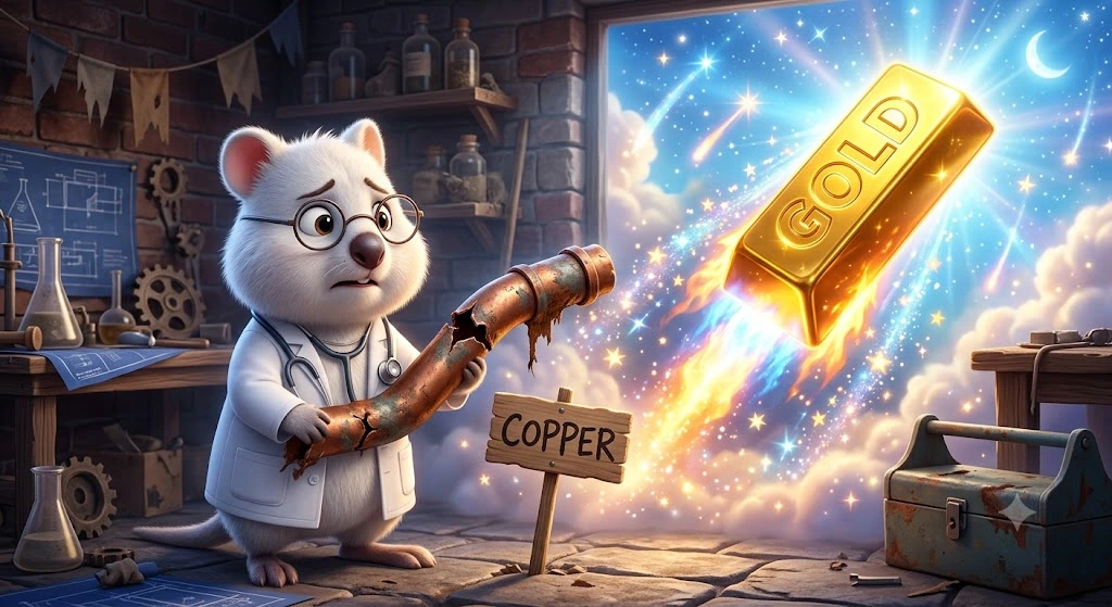 의사 가운을 입은 흰색 쿼카가 'COPPER'라고 적힌 부러진 구리관을 걱정스럽게 진찰하고 있고, 배경에서는 'GOLD'라고 적힌 금괴가 로켓처럼 빛을 내며 솟아오르는 3D 일러스트. 경기침체 신호인 구리 가격 하락과 금값 폭등 현상을 비유함.
