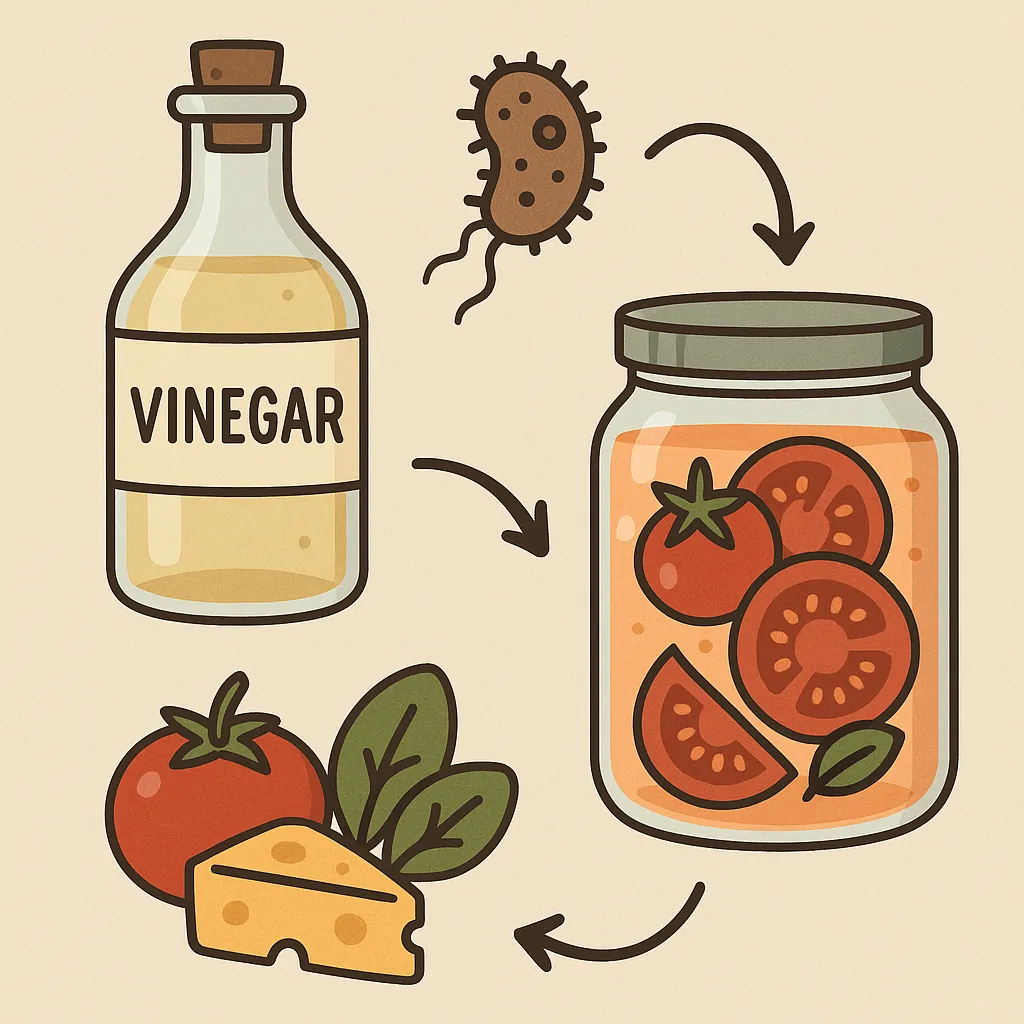 식초가 음식의 산도를 높여 세균 증식을 억제하고 보존 기간을 늘리는 과정을 시각적으로 표현한 이미지