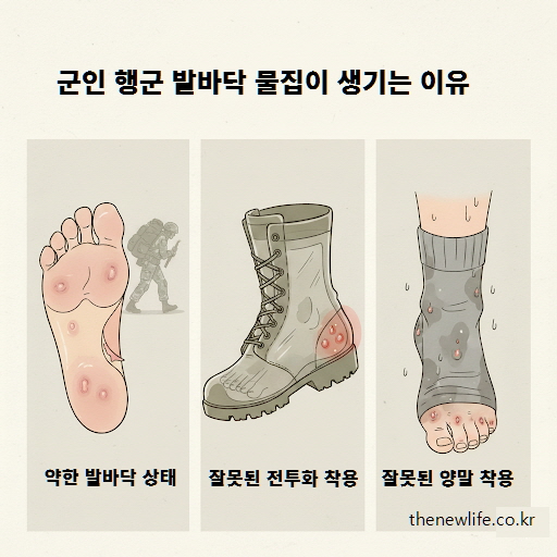 군인 행군 발바닥 물집이 생기는 원인: 약한 발바닥, 잘못된 전투화 착용, 잘못된 양말 착용