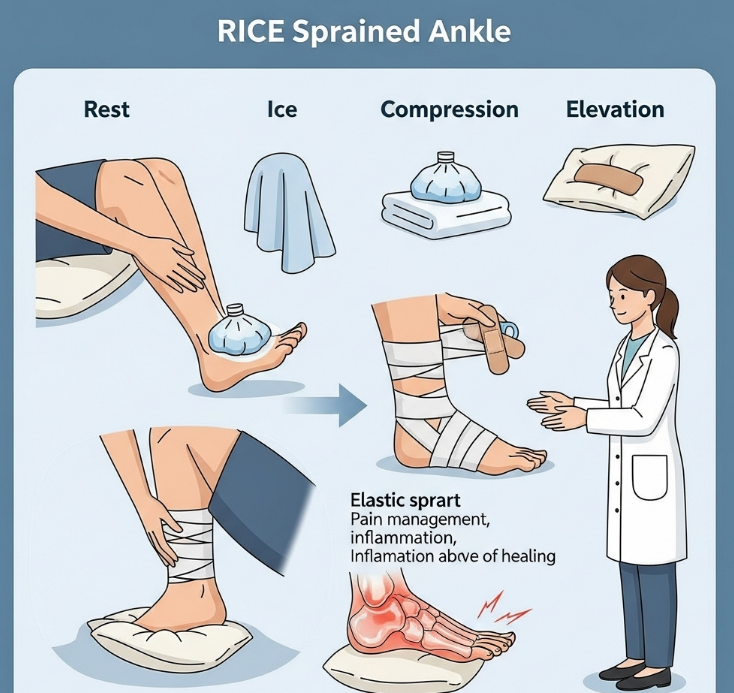 발목을 삐었을 때 RICE 원칙을 적용하는 이미지. 휴식, 냉찜질, 압박, 거상의 4가지 단계