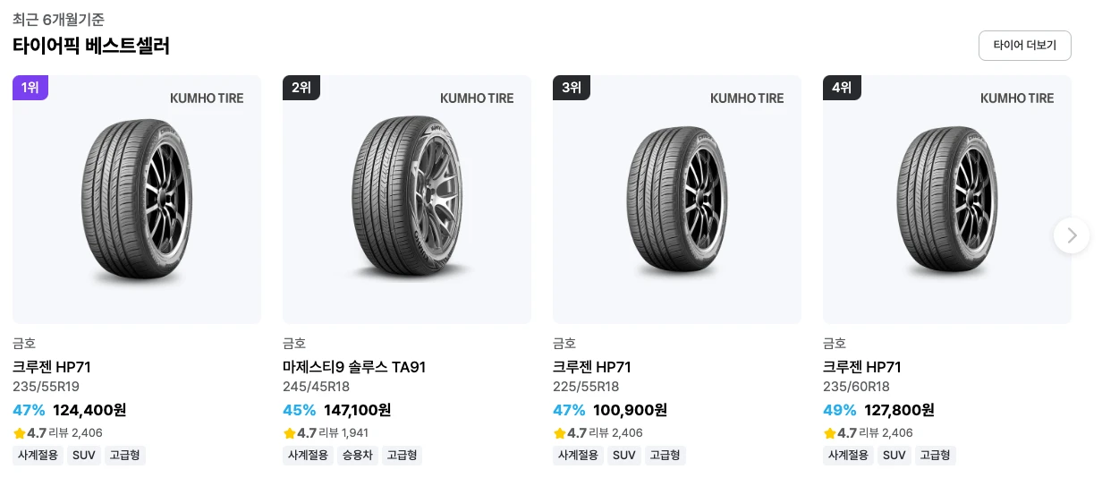 타이어픽에서 제공하는 최근 6개월 베스트셀러