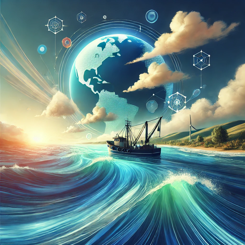 푸른 바다 위에서 어선이 항해하는 모습, 기후 변화 대응과 친환경 어업 전략의 중요성을 상징하는 이미지