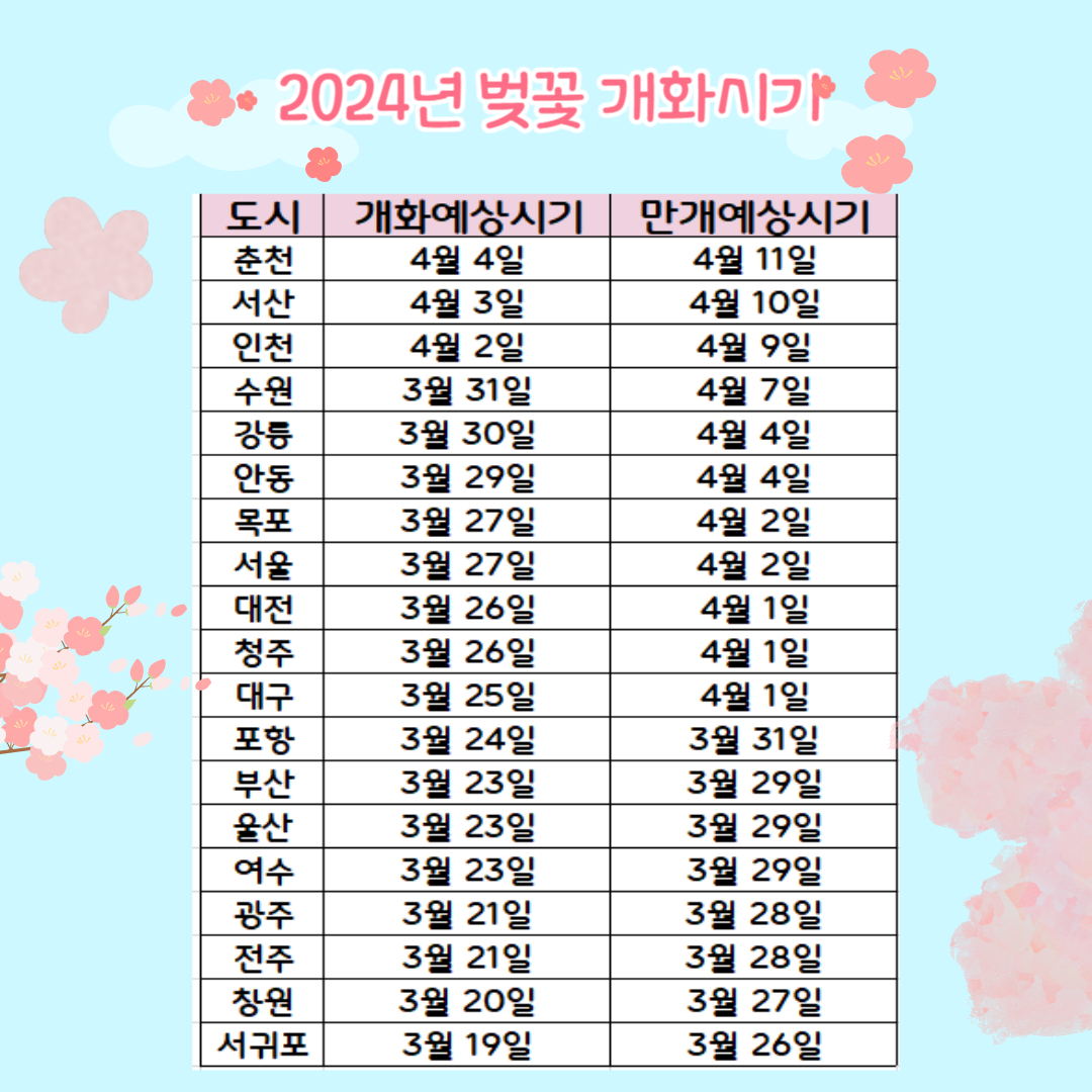 2024년 벚꽃 개화시기 벚꽃 축제 일정