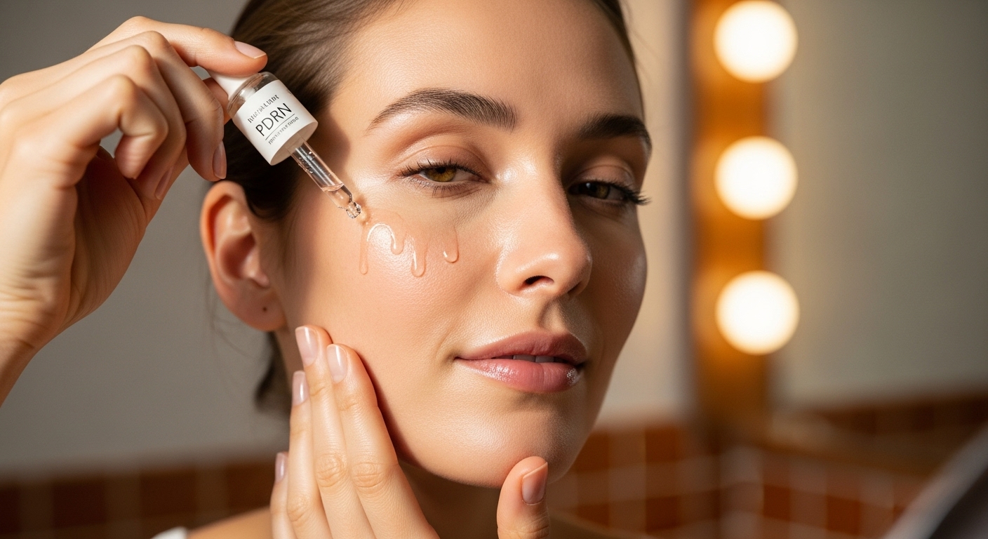 여성이 PDRN 앰플을 얼굴에 부드럽게 바르며 흡수시키는 모습. 올바른 앰플 사용법을 나타냅니다.