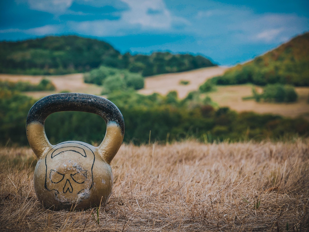 들판에 캐틀벨 하나가 놓여있는 모습