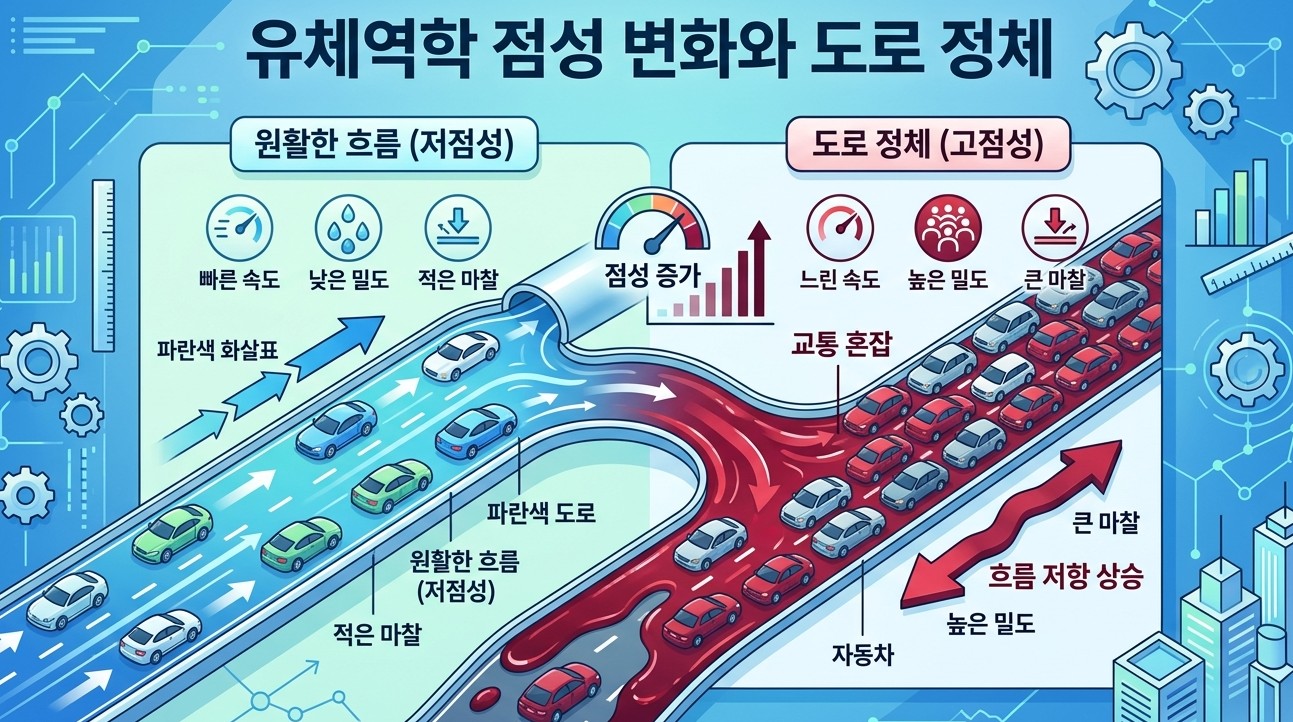 도로 유체역학 점성 변화 원리 (이해를 돕기 위한 인포그래픽)