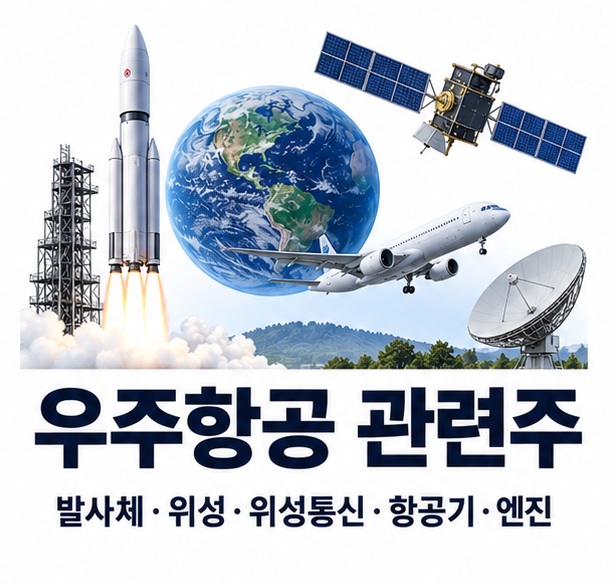 우주항공 관련주와 발사체 위성 위성통신 항공기 엔진의 산업 구조를 보여주는 교육용 이미지