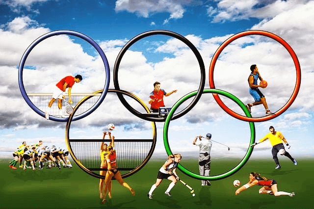 5개의 둥그런 올림픽 오륜기 안에 스포츠스타들이 그려졌다. 테니스, 탁구, 농구, 배구, 골프, 선수이다.