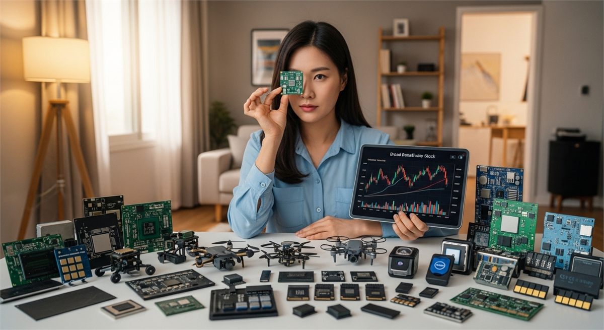 한국인 투자자가 여러 기술 부품을 비교하며 살펴보는 모습