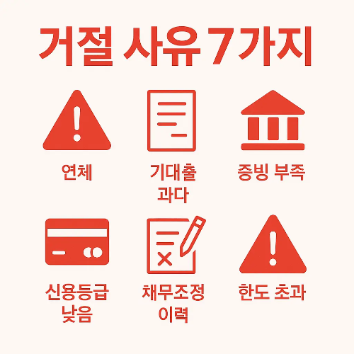 햇살론 대출 거절의 구체적인 원인을 정리한 이미지로, 연체, 기대출 과다, 증빙 부족, 신용등급 낮음, 채무조정 이력, 한도 초과 등 사례를 설명합니다.