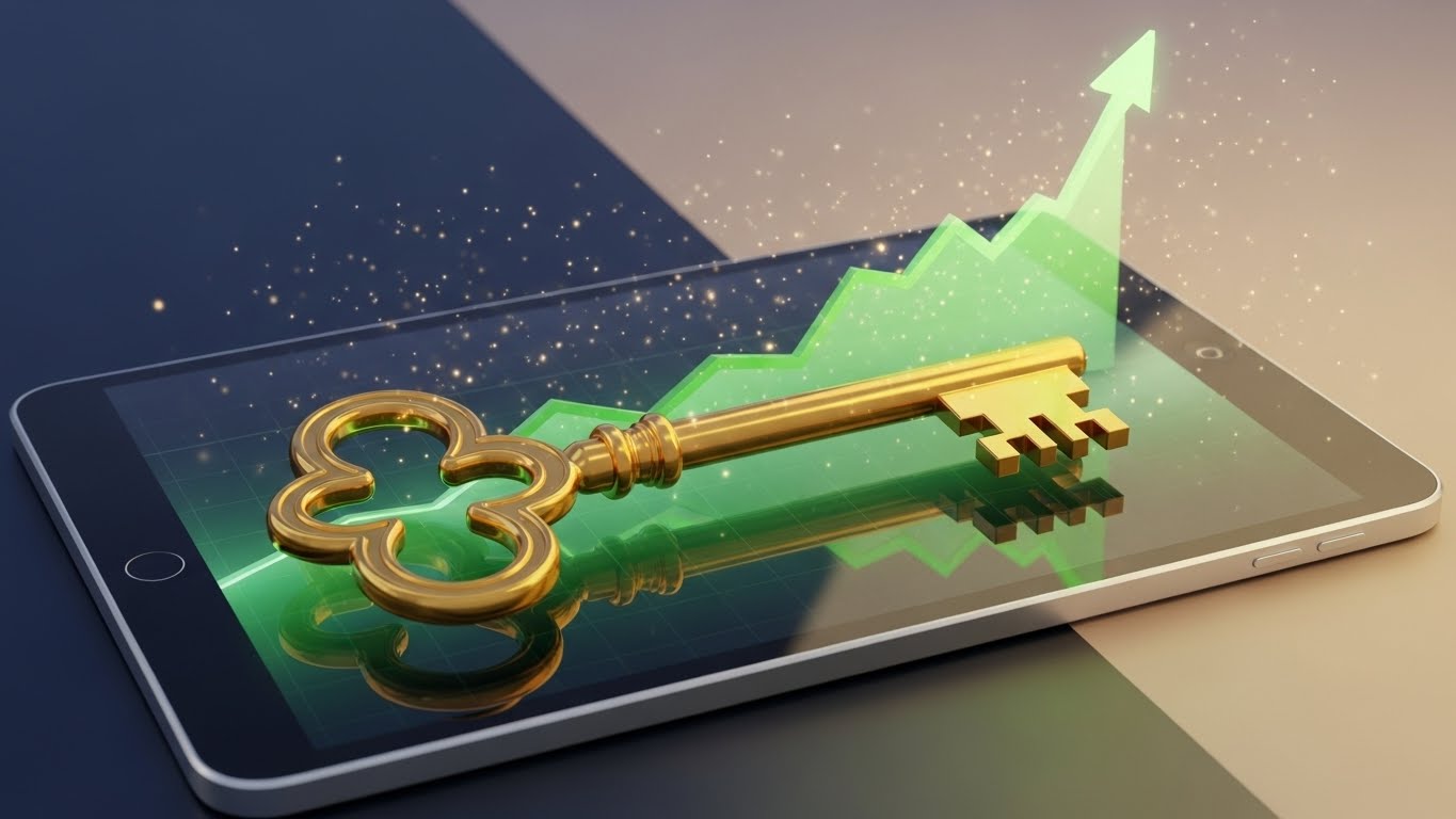 성공적인 투자를 상징하는 황금 열쇠와 밝게 빛나는 주식 전광판