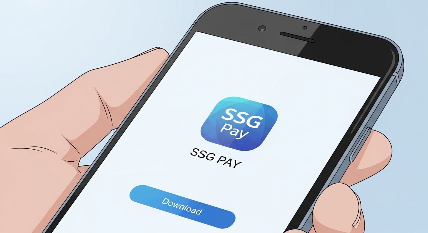 SSG페이 앱 설치 화면이 보이는 스마트폰을 손에 든 모습, 앱 다운로드 과정을 보여주는 이미지.