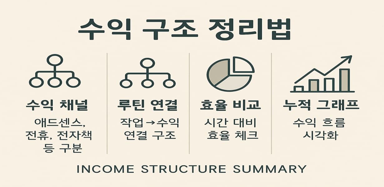 “수익 채널, 루틴 연결, 효율 비교, 누적 그래프 항목을 한글 키워드와 아이콘으로 구성한 가로형 수익 구조 인포그래픽”