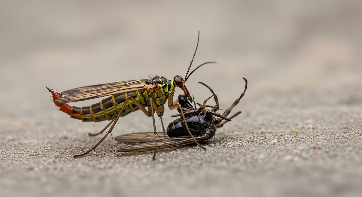 전갈파리가 죽은 곤충 사체를 먹고 있는 장면