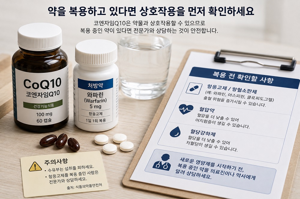 코엔자임Q10 영양제와 처방약을 함께 놓고 복용 정보를 확인하는 모습